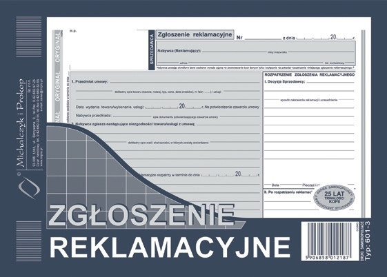Druk akcydensowy Zgłoszenie reklamacyjne MiP, A5, 2 kopie, 39k
