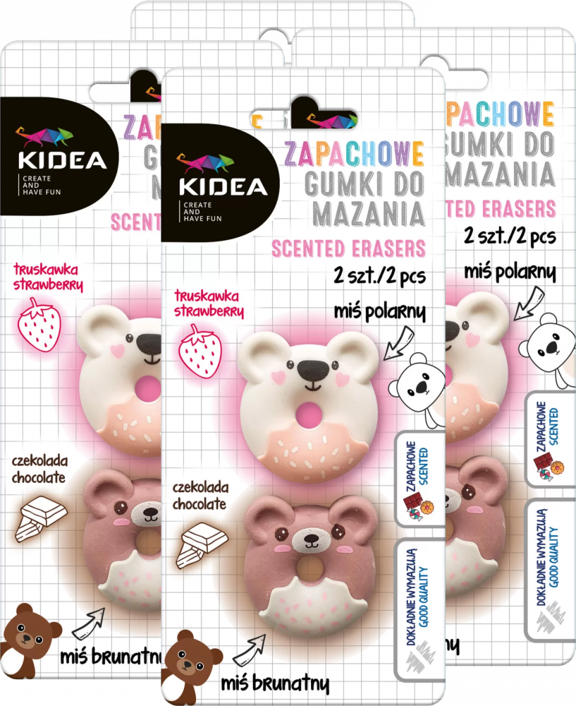 4x Gumka do ścierania Kidea Misie, zapachowa, 2 sztuki, mix kolorów
