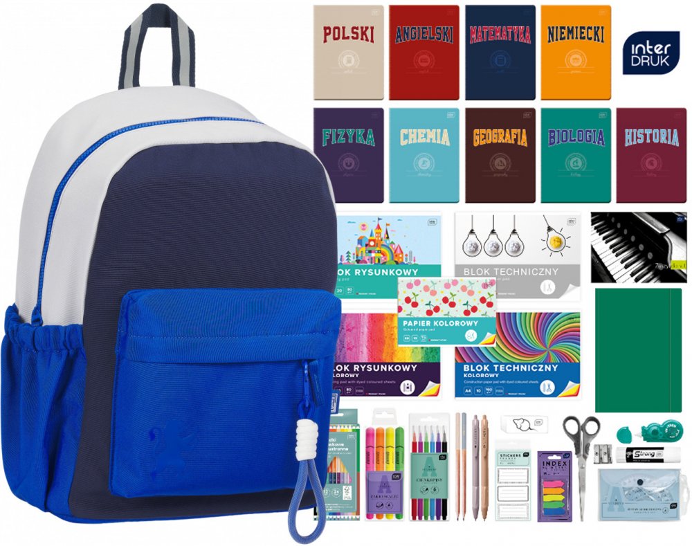 Zestaw: Plecak szkolny Oxford Funky, niebiesko-granatowy + Wyprawka szkolna Interdruk, do klas 4-8