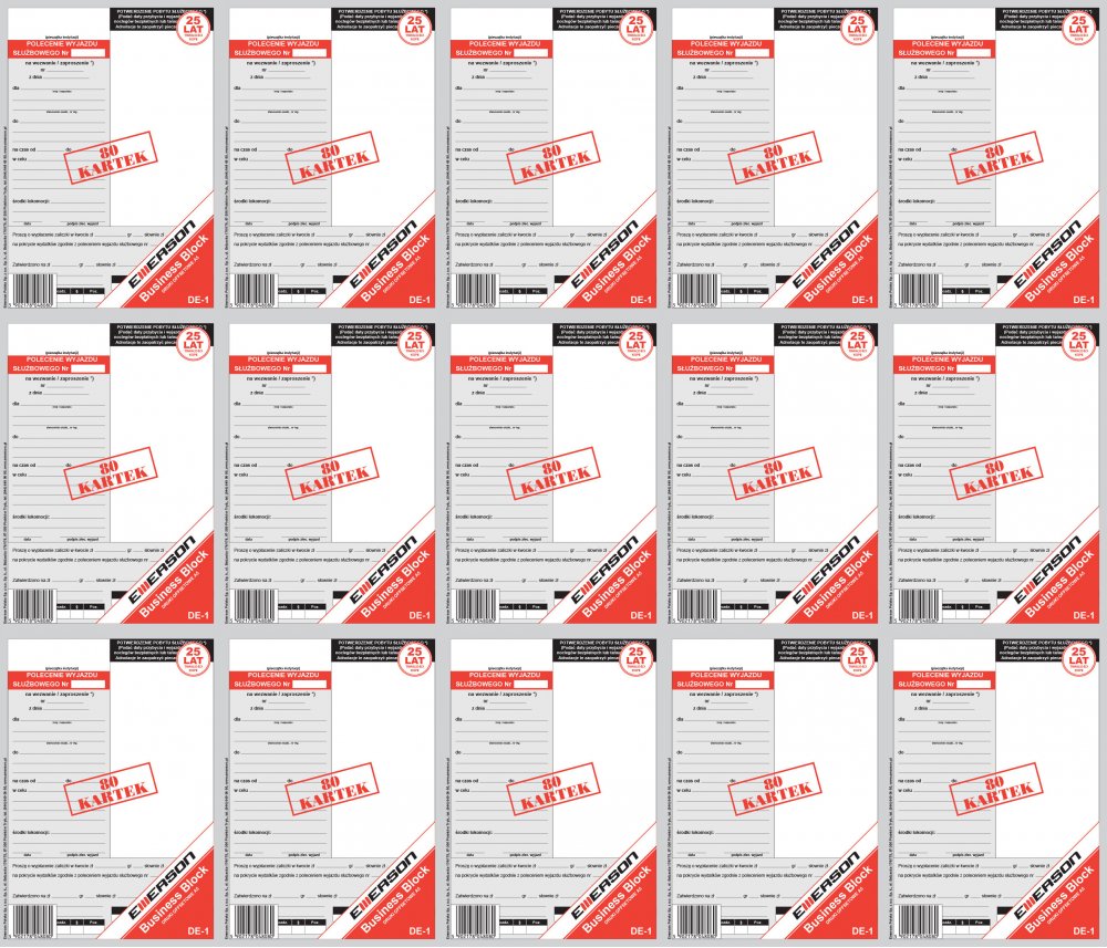 15x Druk akcydensowy Delegacja-polecenie wyjazdu służbowego Emerson DE-1, A5, offsetowy, 80k 1 bloczek