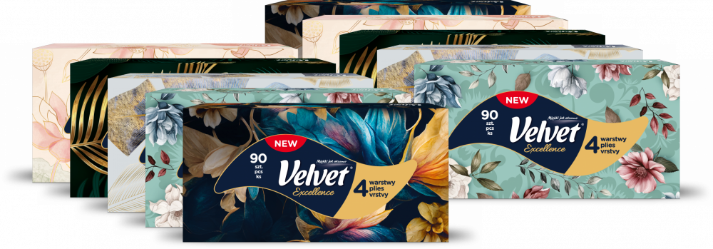 10x Chusteczki higieniczne Velvet Excellence, w kartoniku, 90 sztuk, mix wzorów