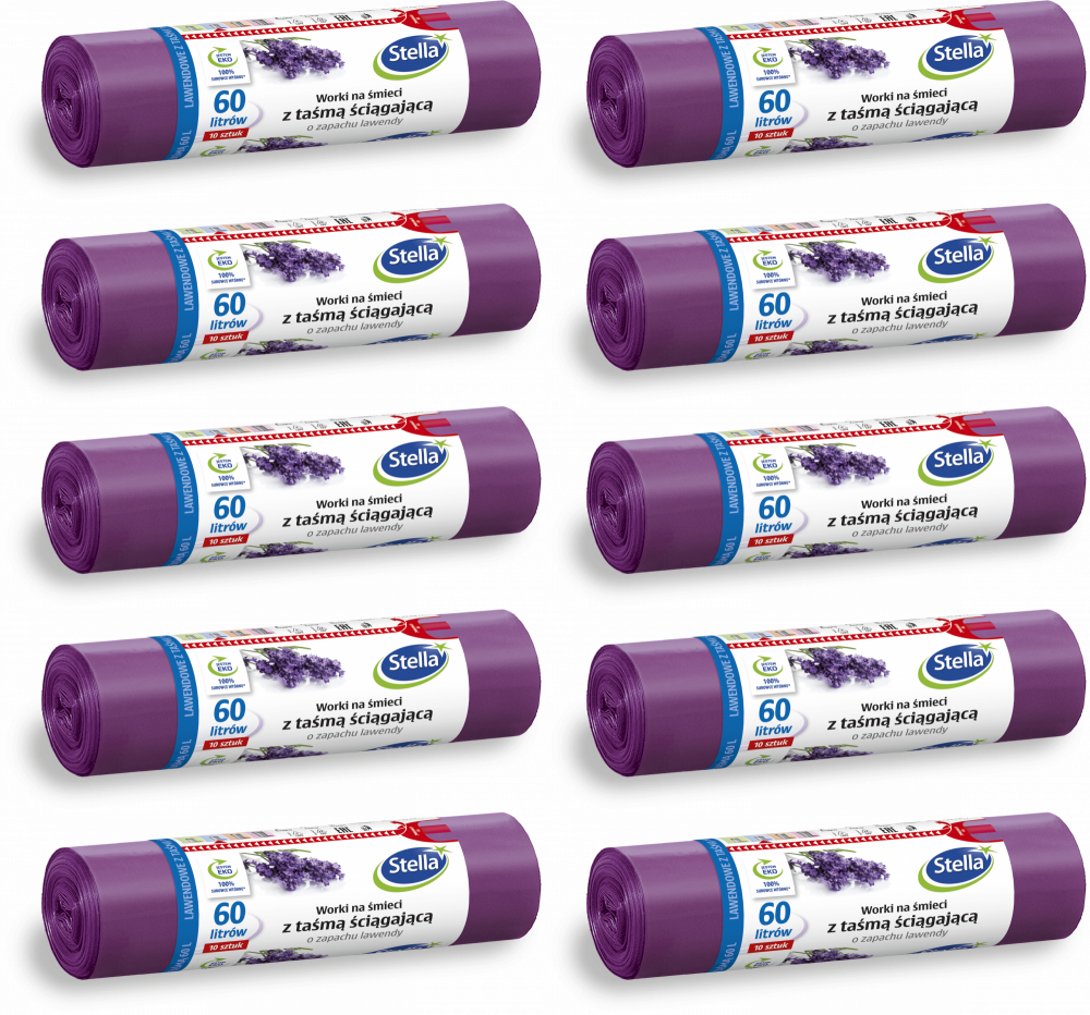 10x Worki na śmieci Stella, na odpady zmieszane, ekologiczne, 60l, 10 sztuk, lawendowe, fioletowy