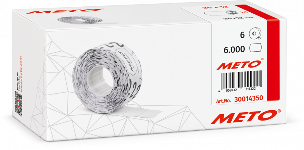Etykiety cenowe w rolce Meto, do metkownicy jednorzędowej, usuwalne, 26x12 mm, 1000 sztuk, 6 rolek, biały
