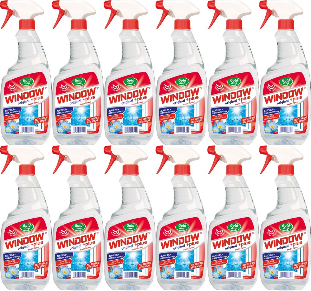 12x Płyn do mycia szyb i luster Gold Drop Window Plus Nanotechnologia, z rozpylaczem, cytrynowo-kwiatowy, 750ml