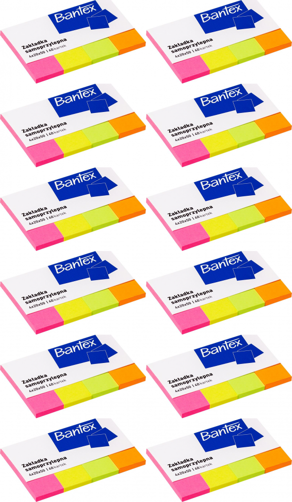12x Zakładki samoprzylepne Bantex, proste, indeksujące, papier, 20x50mm, 4x40 sztuk, mix kolorów