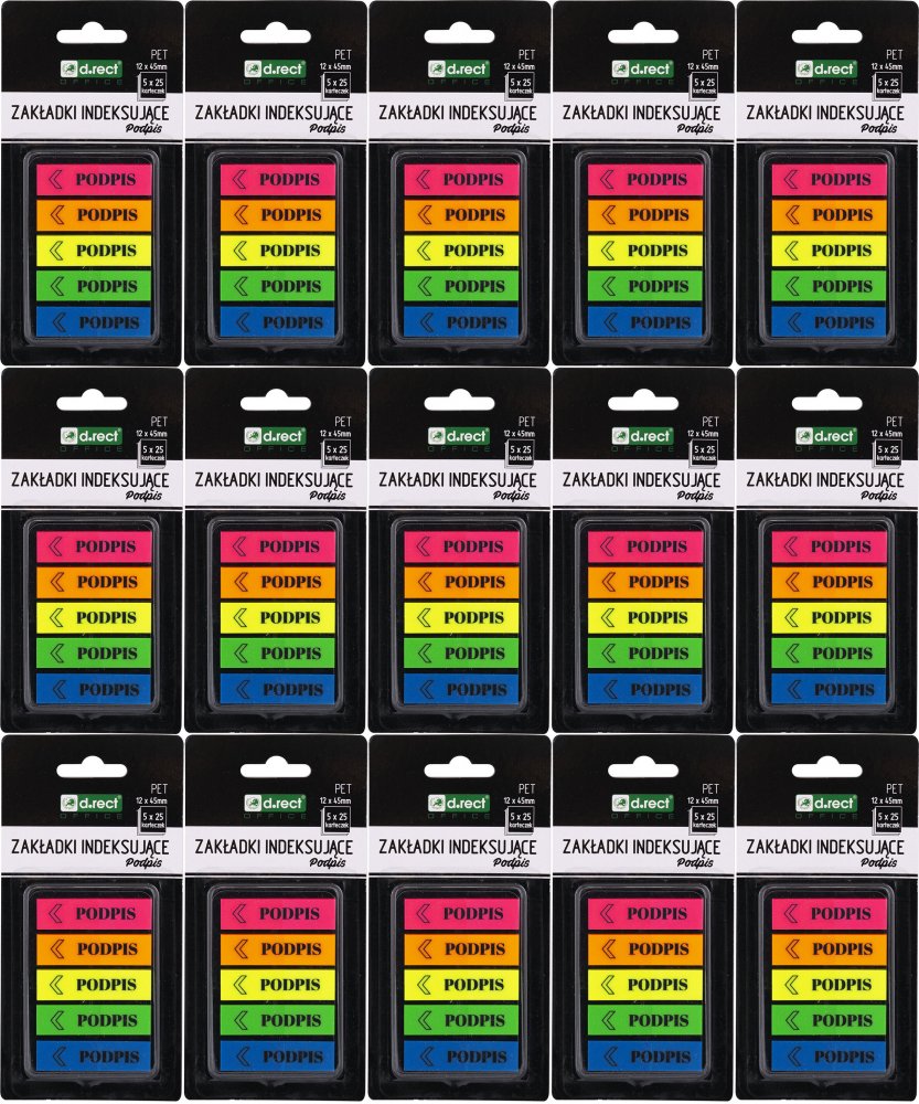 15x Zakładki samoprzylepne D.Rect, z nadrukiem "podpis", indeksujące, folia PET, 12x45mm, 5x25 sztuk, mix kolorów neonowych