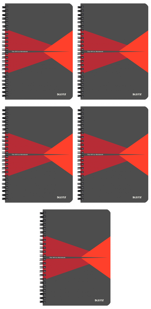 5x Kołonotatnik Leitz Office Card A5, w kratkę, 90 kartek, okładka kartonowa, szaro-czerwony