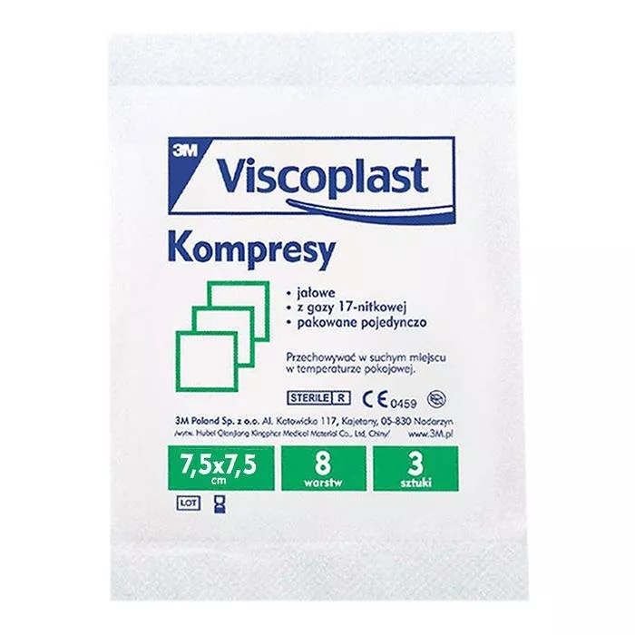 Jałowe kompresy gazowe Viscoplast, bawełniane, 17-nitkowe, 8 warstw, 7.5x7.5cm, 3 sztuki
