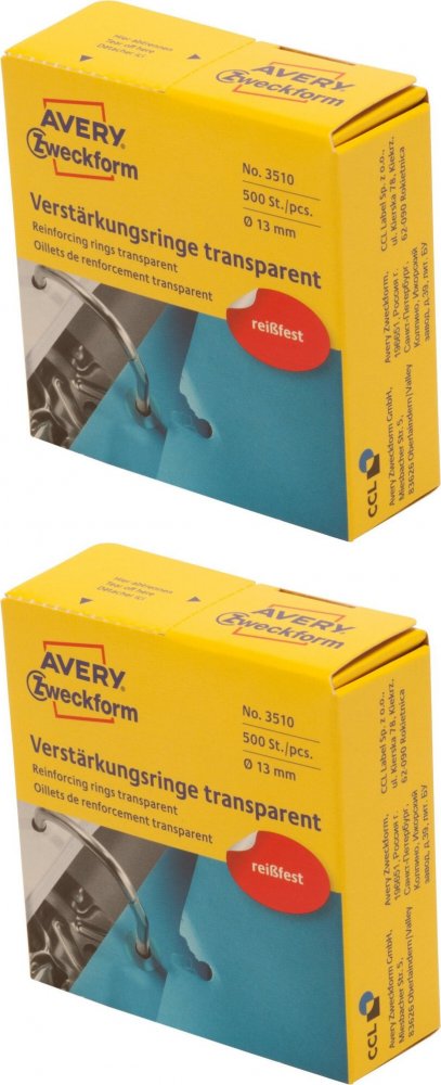 2x Pierścienie wzmacniające Avery Zweckform, 13mm, 500 sztuk, przezroczysty