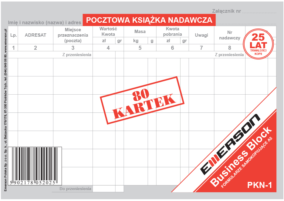 Druk akcydensowy Pocztowa książka nadawcza Emerson PKN-1, A5, wielokopia, 80k