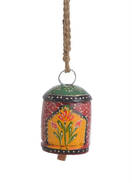 Dzwonek metalowy zawieszka czerwono-zielona kwiaty sznur jutowy 14 cm