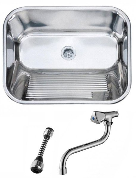 Zlew gospodarczy stalowy z syfonem i baterią