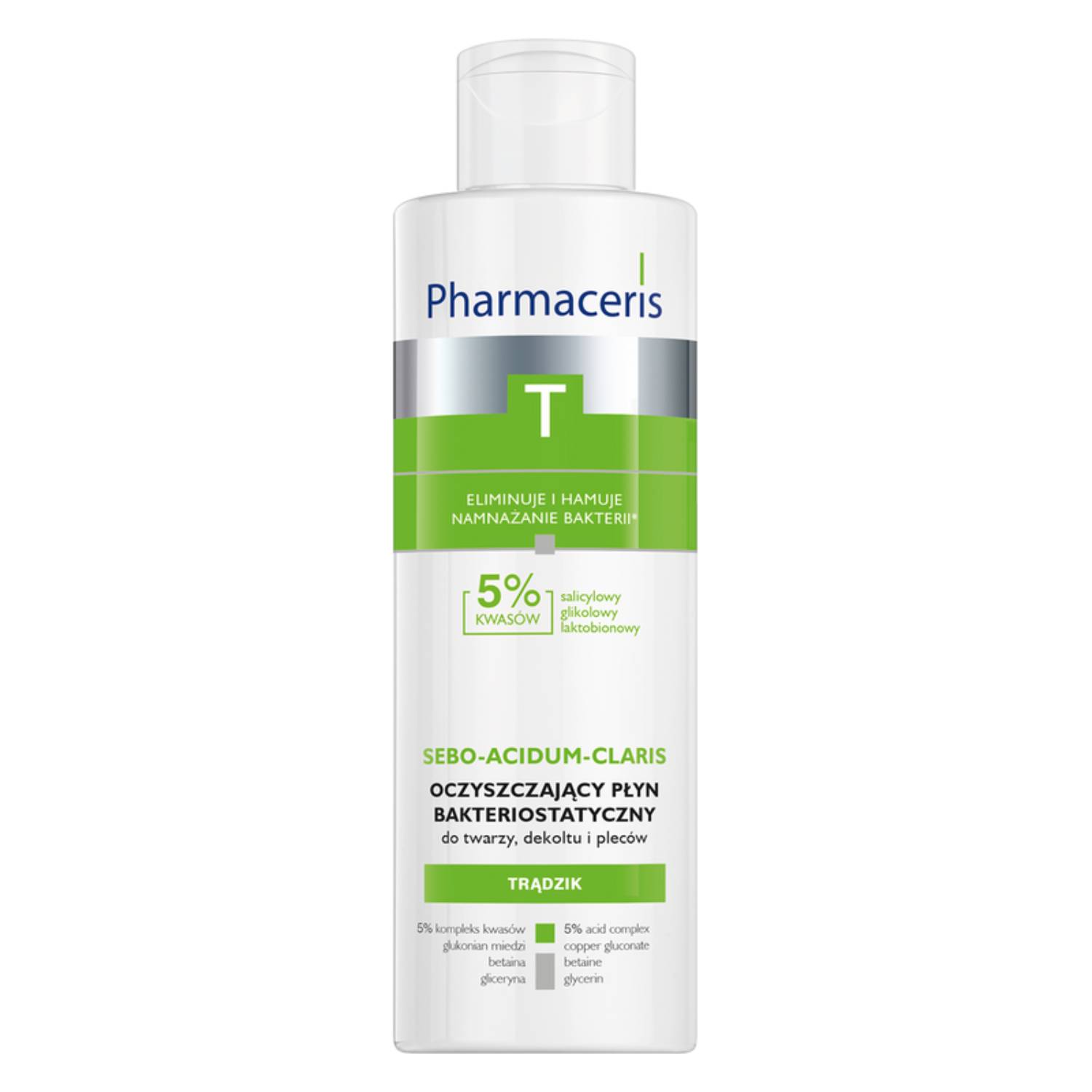 Pharmaceris t sebo-acidum-claris - oczyszczający płyn bakteriostatyczny do twarzy, dekoltu i pleców, 190 ml
