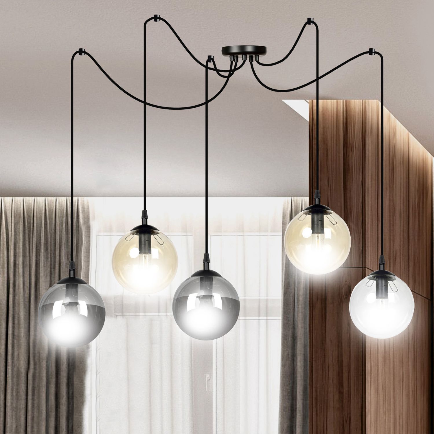 Emibig Gigi lampa wisząca 5x10 W czarna-przezroczysta-bursztynowa-grafitowa 939/5