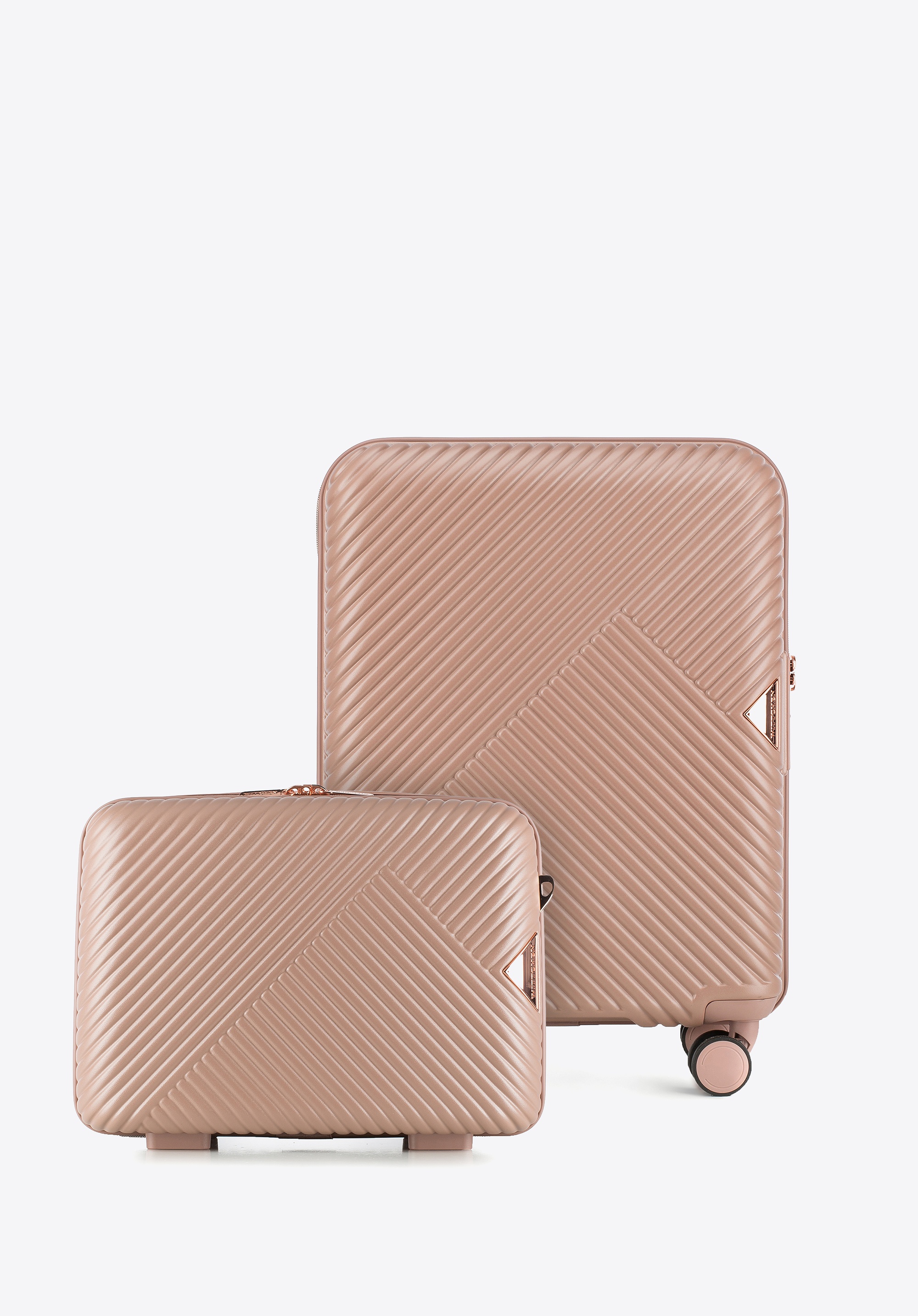 Walizka kabinowa i kosmetyczka z polikarbonu w paseczki pudrowy róż