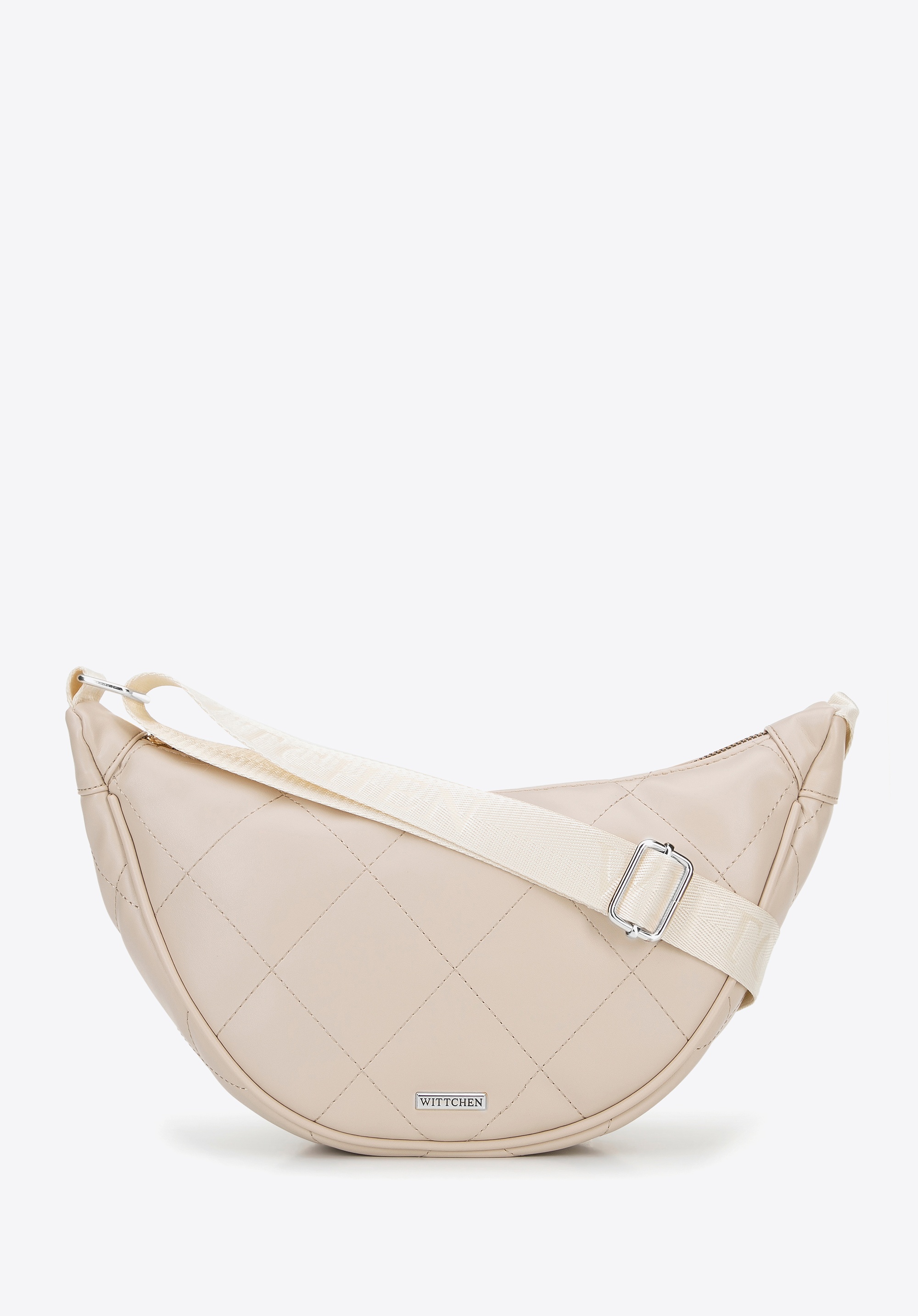 Damska torebka crossbody w geometryczne przeszycia kremowo - srebrna