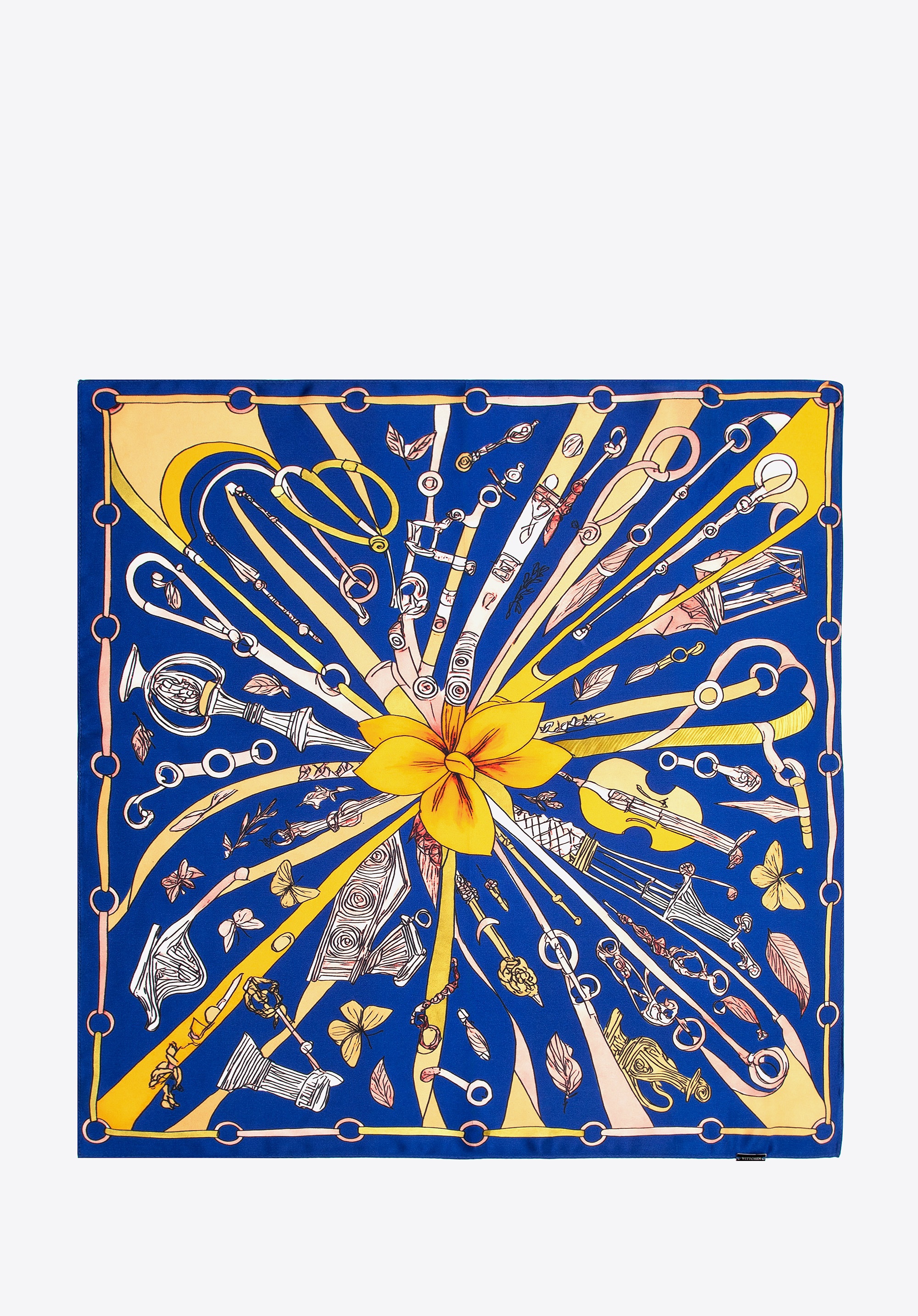 Damska apaszka z jedwabiu z dekoracyjnym motywem granatowo - żółta