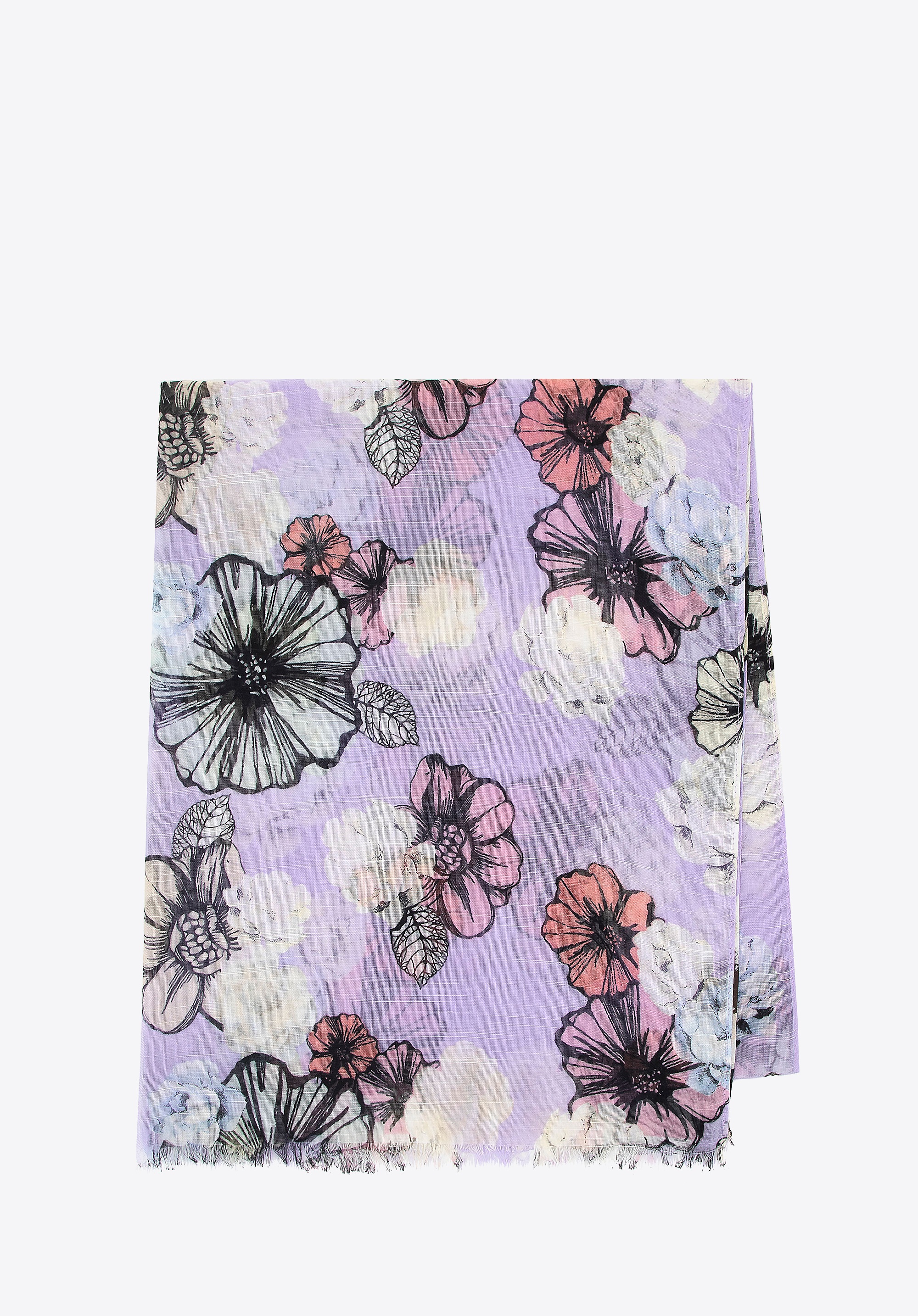 Dodatkowe rabaty - Damski delikatny szal w motyw kwiatowy kremowo - fioletowy