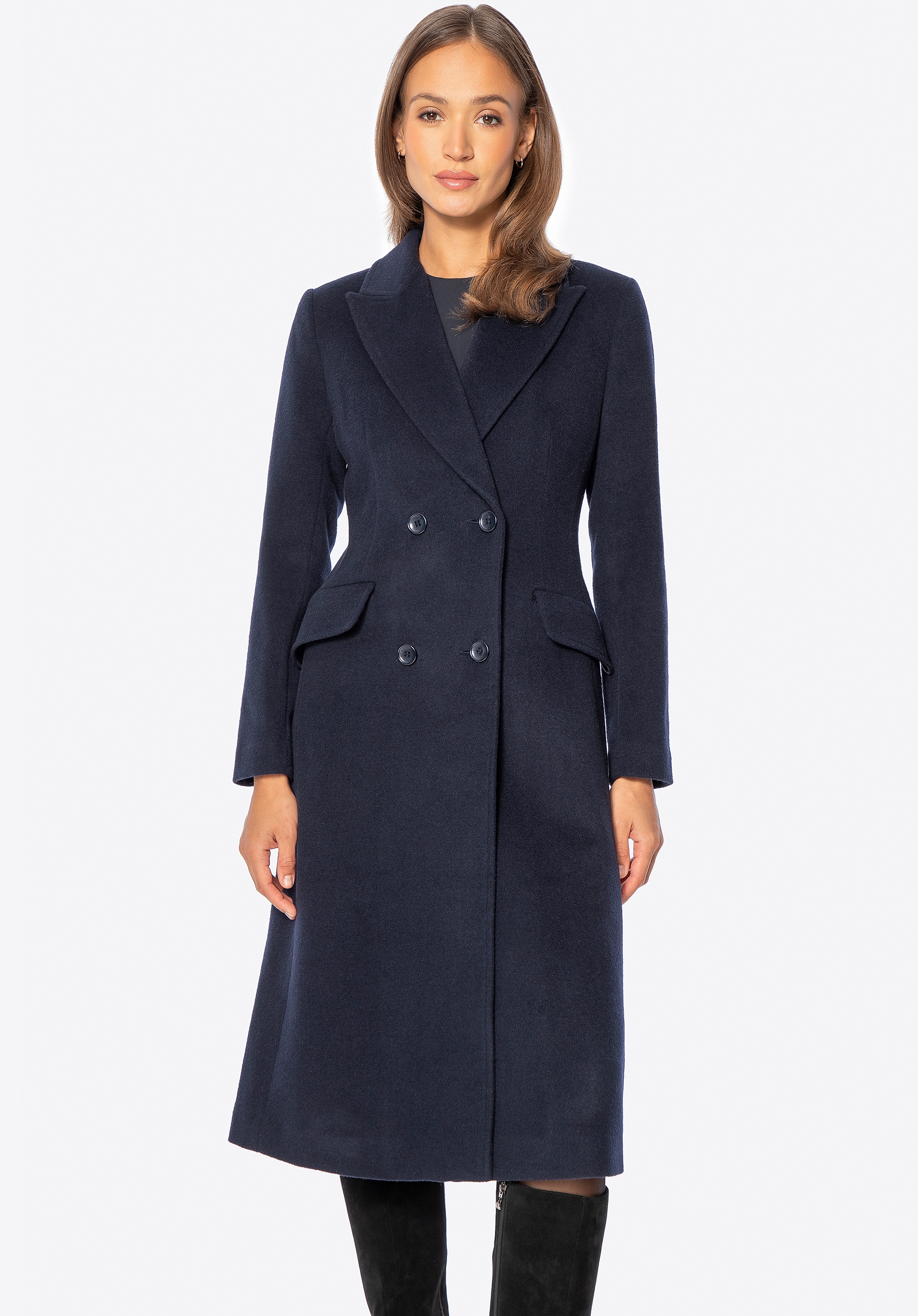 Dodatkowe rabaty - Damski płaszcz z wełny z domieszką kaszmiru granatowy