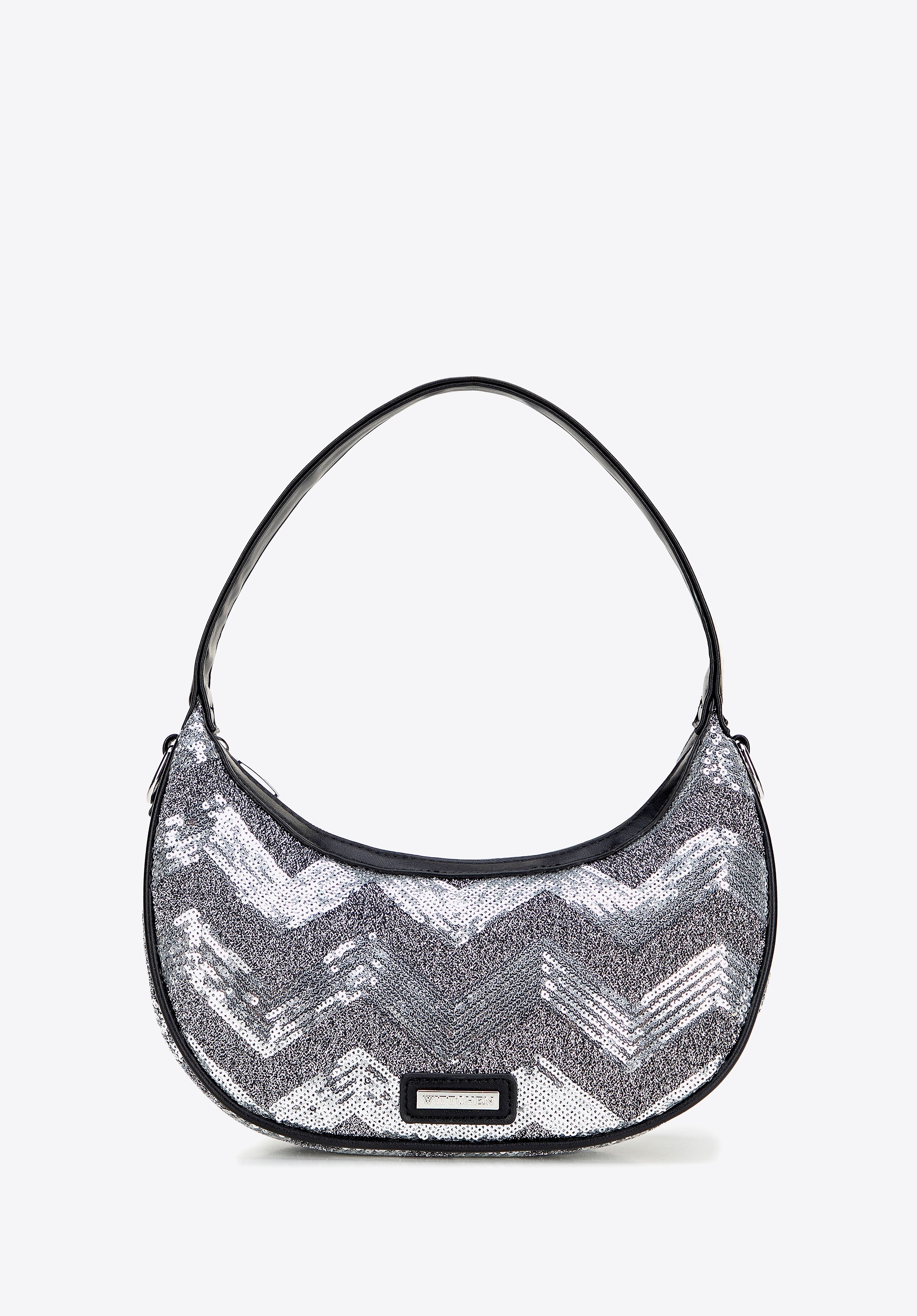 Półokrągła listonoszka z imitacji skóry z cekinami srebrna