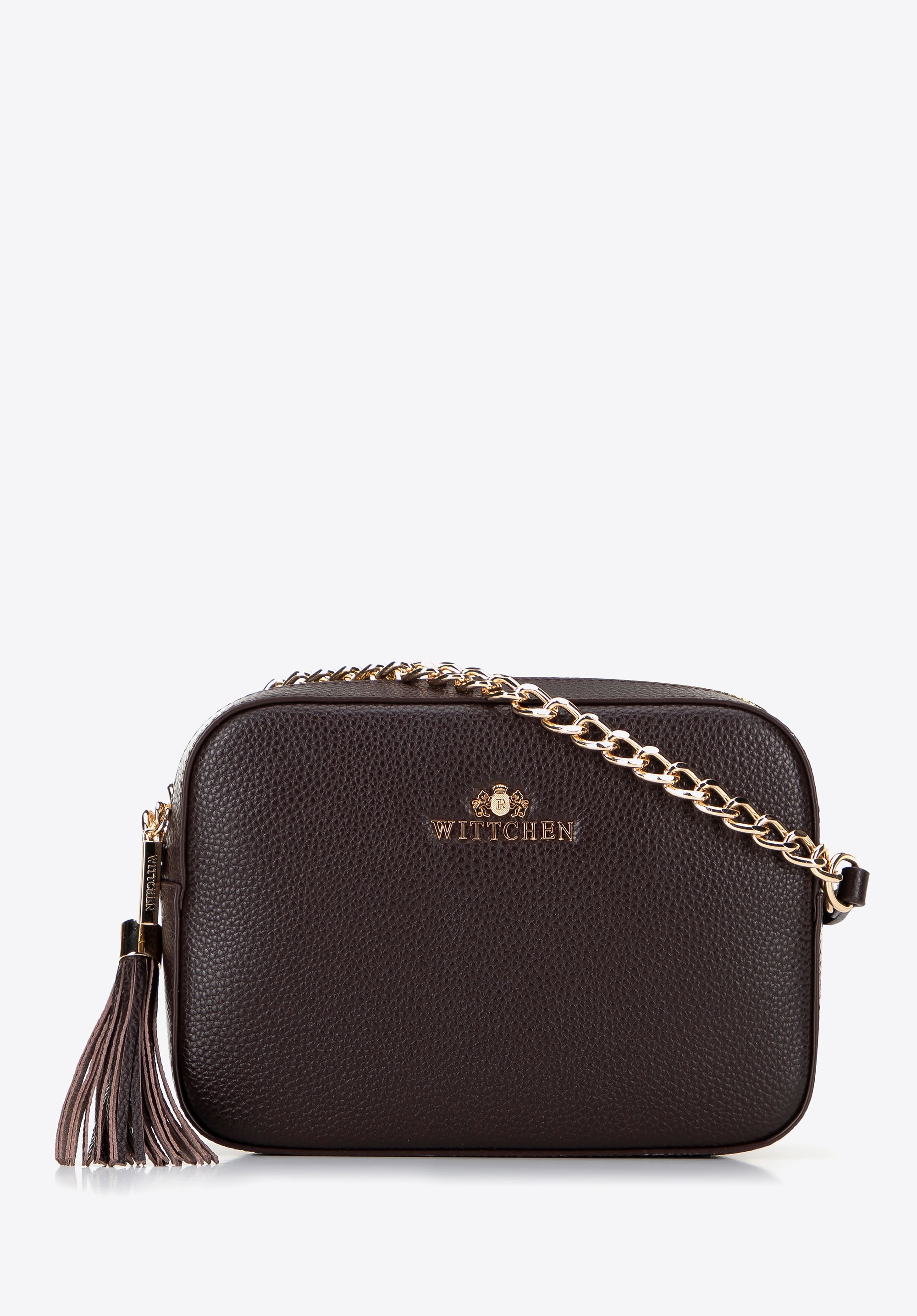 Damska listonoszka skórzana pudełkowa na łańcuszku ciemny brąz