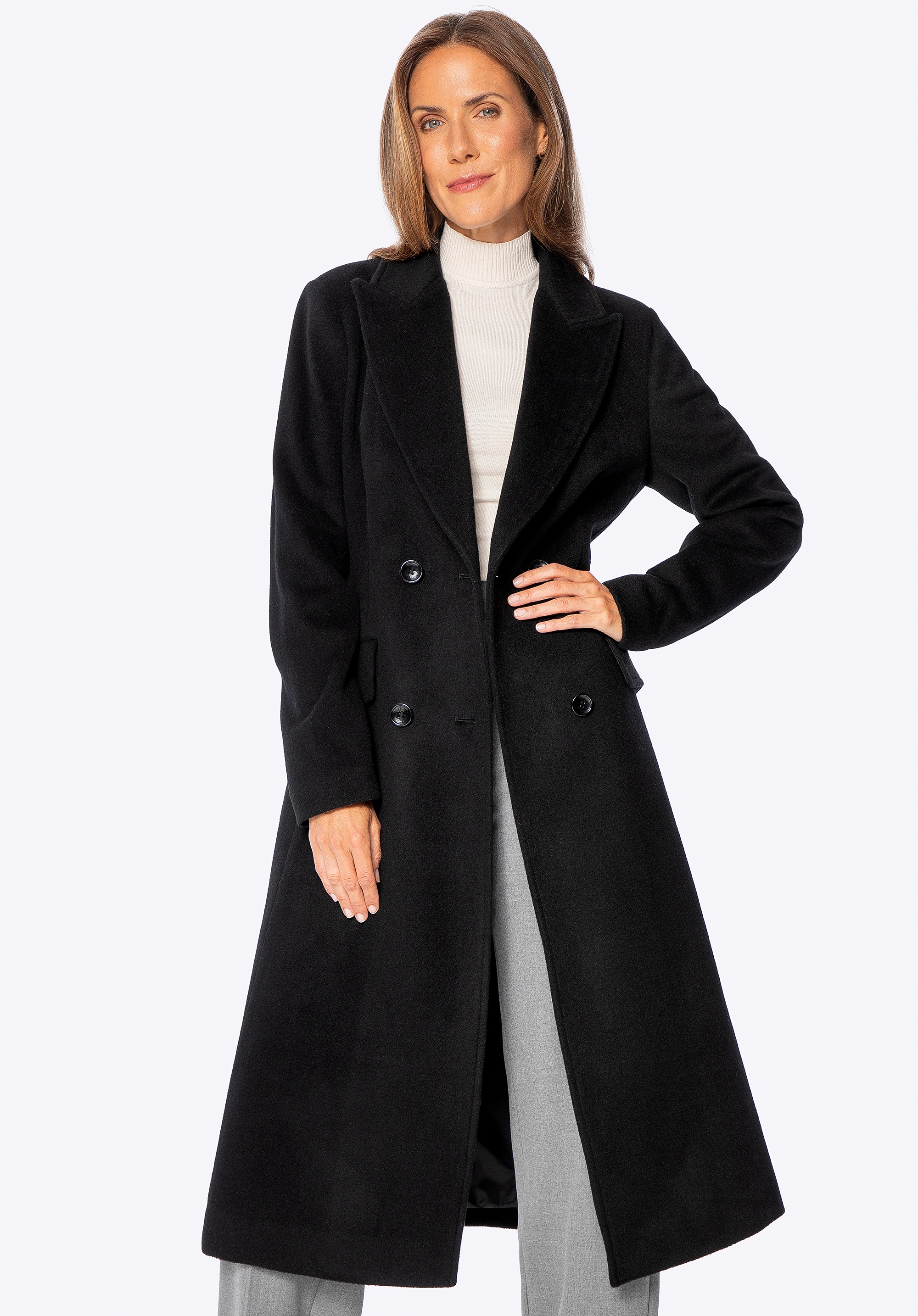 Damski płaszcz z wełny z domieszką kaszmiru czarny