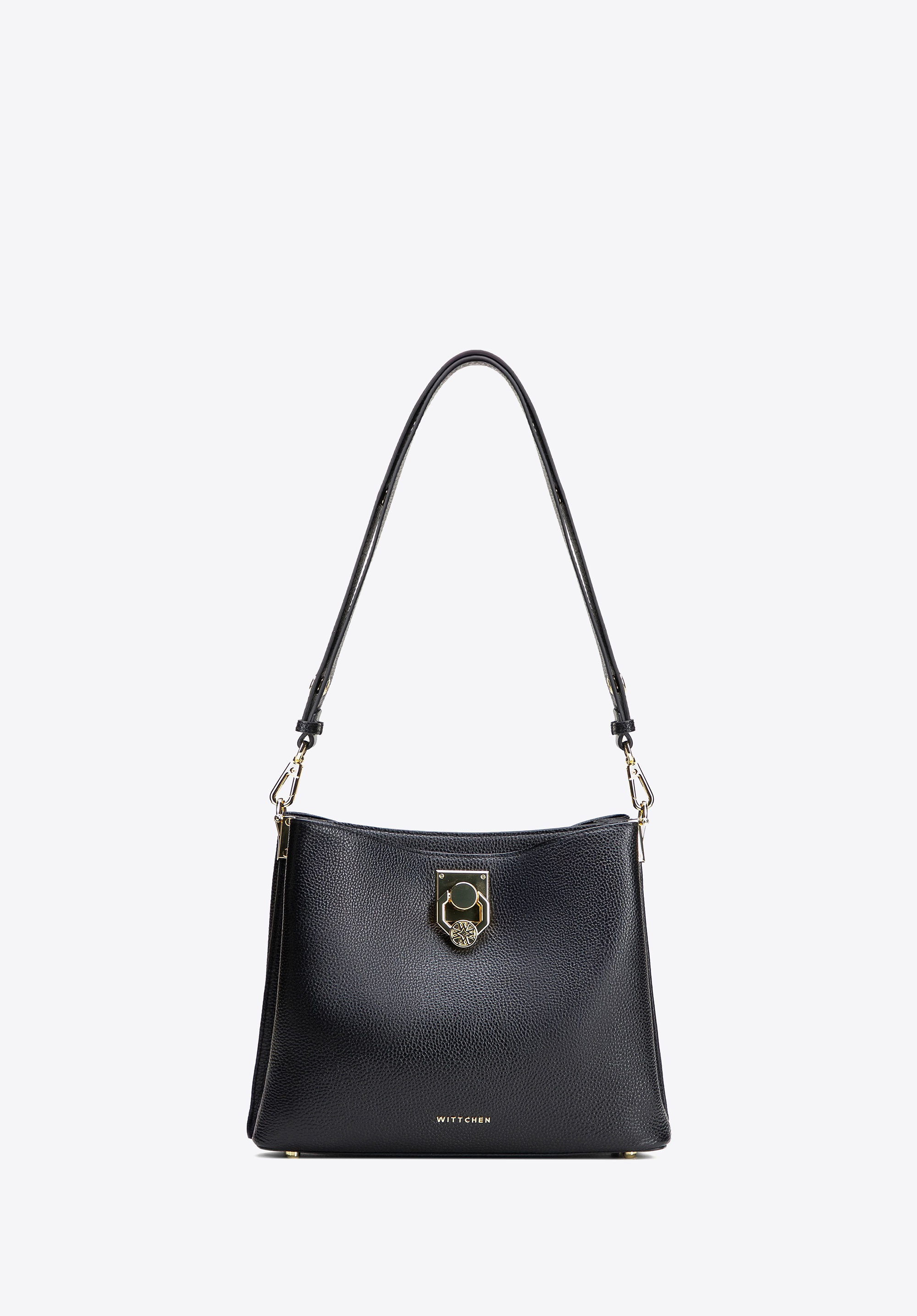 Damska torebka na ramię skórzana z klamrą czarno - złota