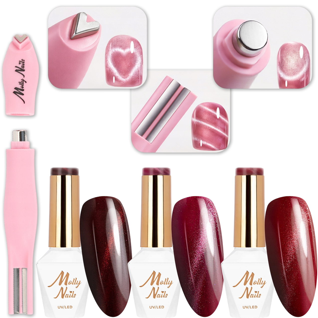 3x Lakier Hybrydowy MOLLYNAILS 8g Walentynkowy Cat Eye + Magnetyzer Serce