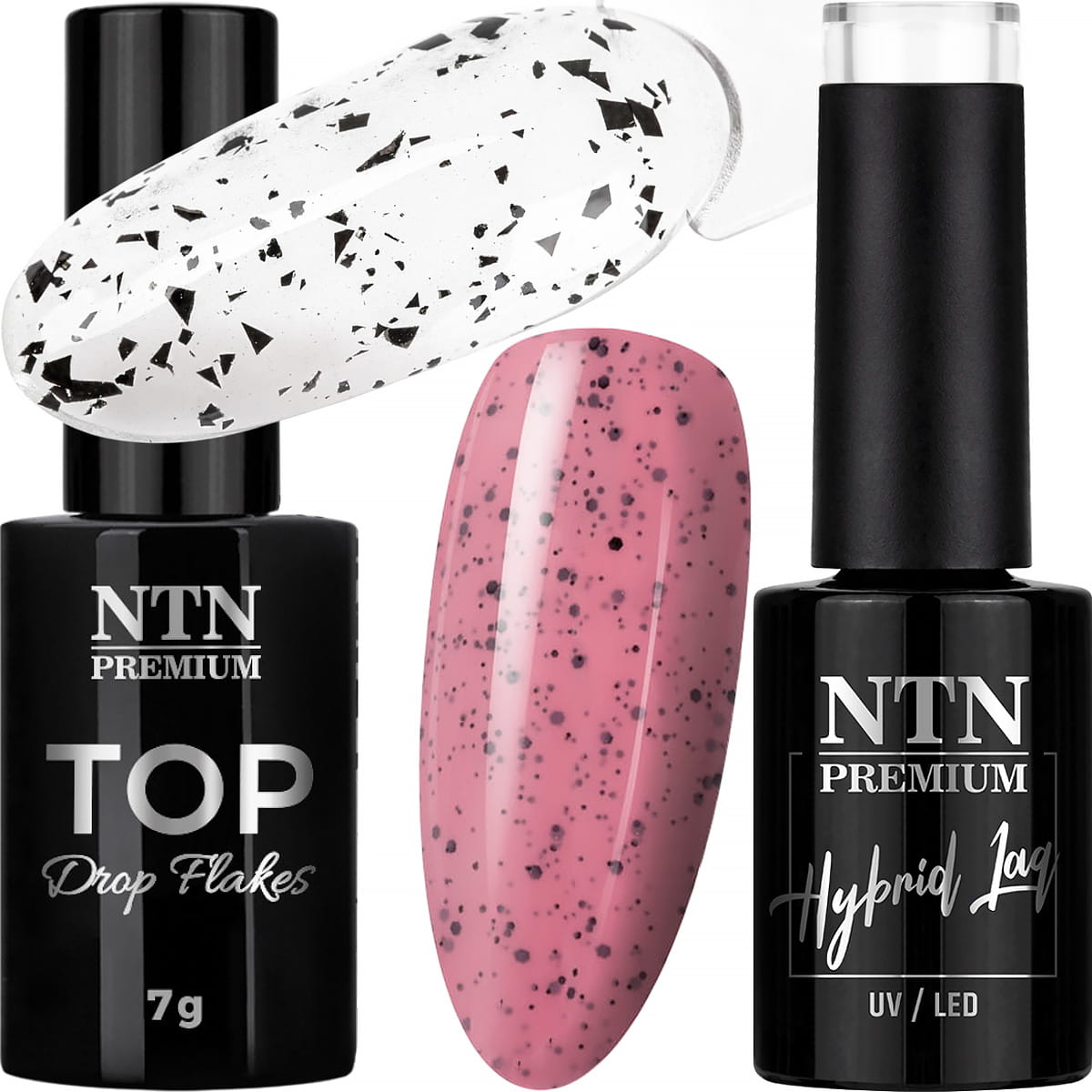 Lakier Hybrydowy NTN 5g Nr195 + Top Flakes NTN 7g Efekt Przepiórczego Jajka