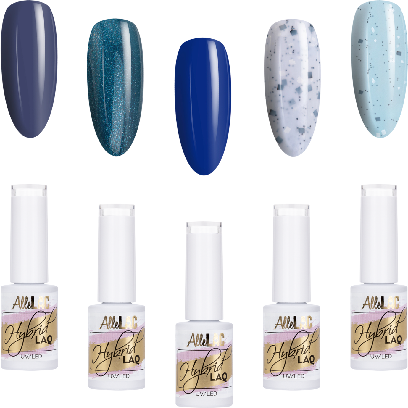 5x Lakier Hybrydowy ALLELAC 5g Niebieskie Granatowe ZESTAW 5w1 Mix