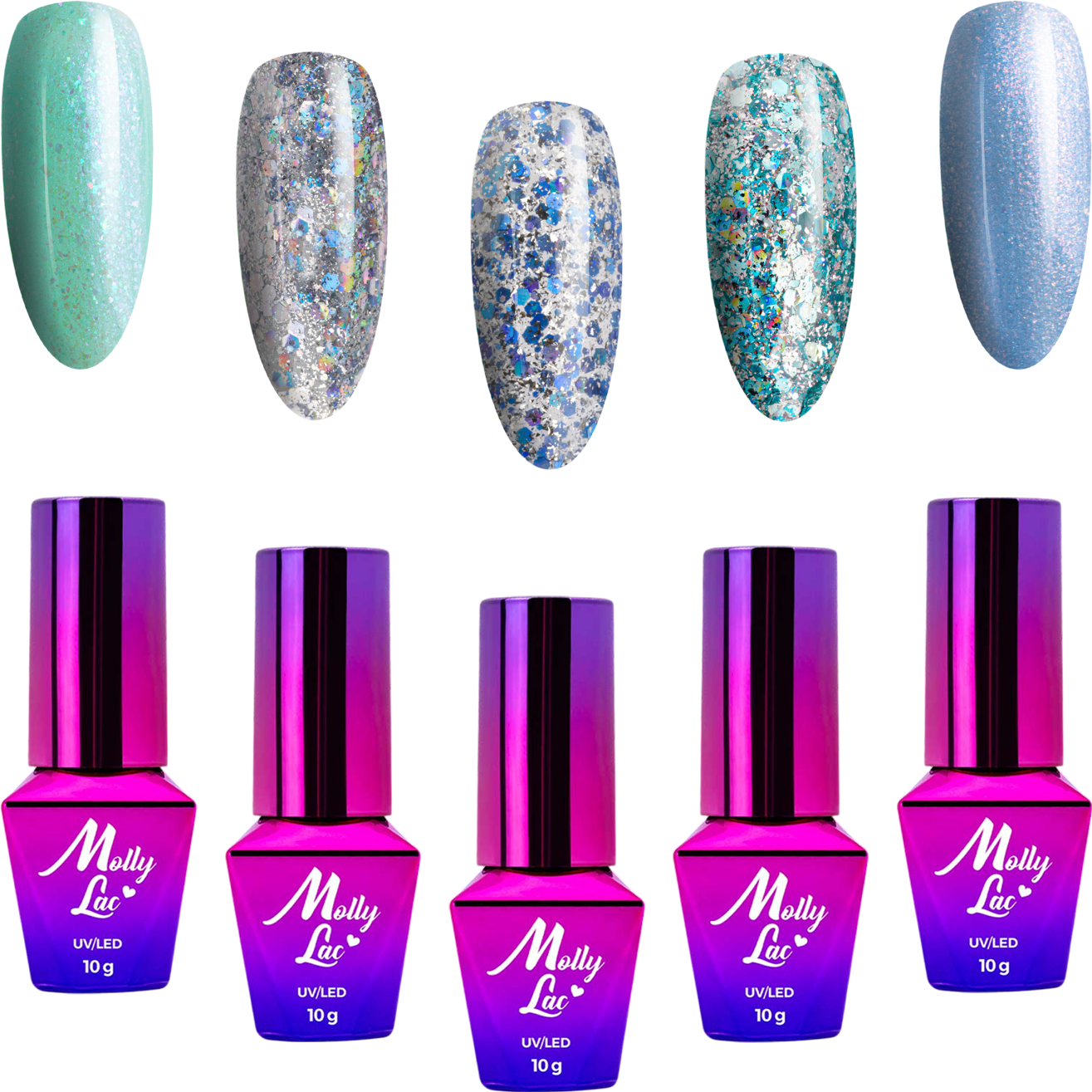 5x Lakier Hybrydowy MOLLYLAC Brokatowe Zielone Niebieskie 10g ZESTAW