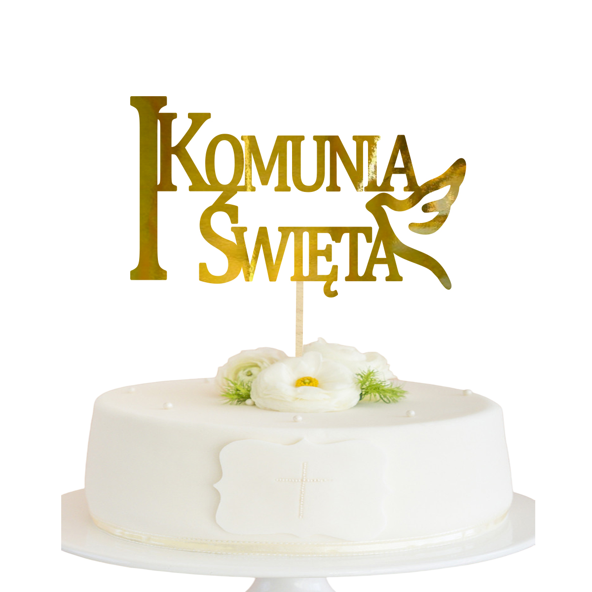 Topper na Komunię Świętą na bok tortu piker napis Komunia złoty lustrzane złoto gołąbek