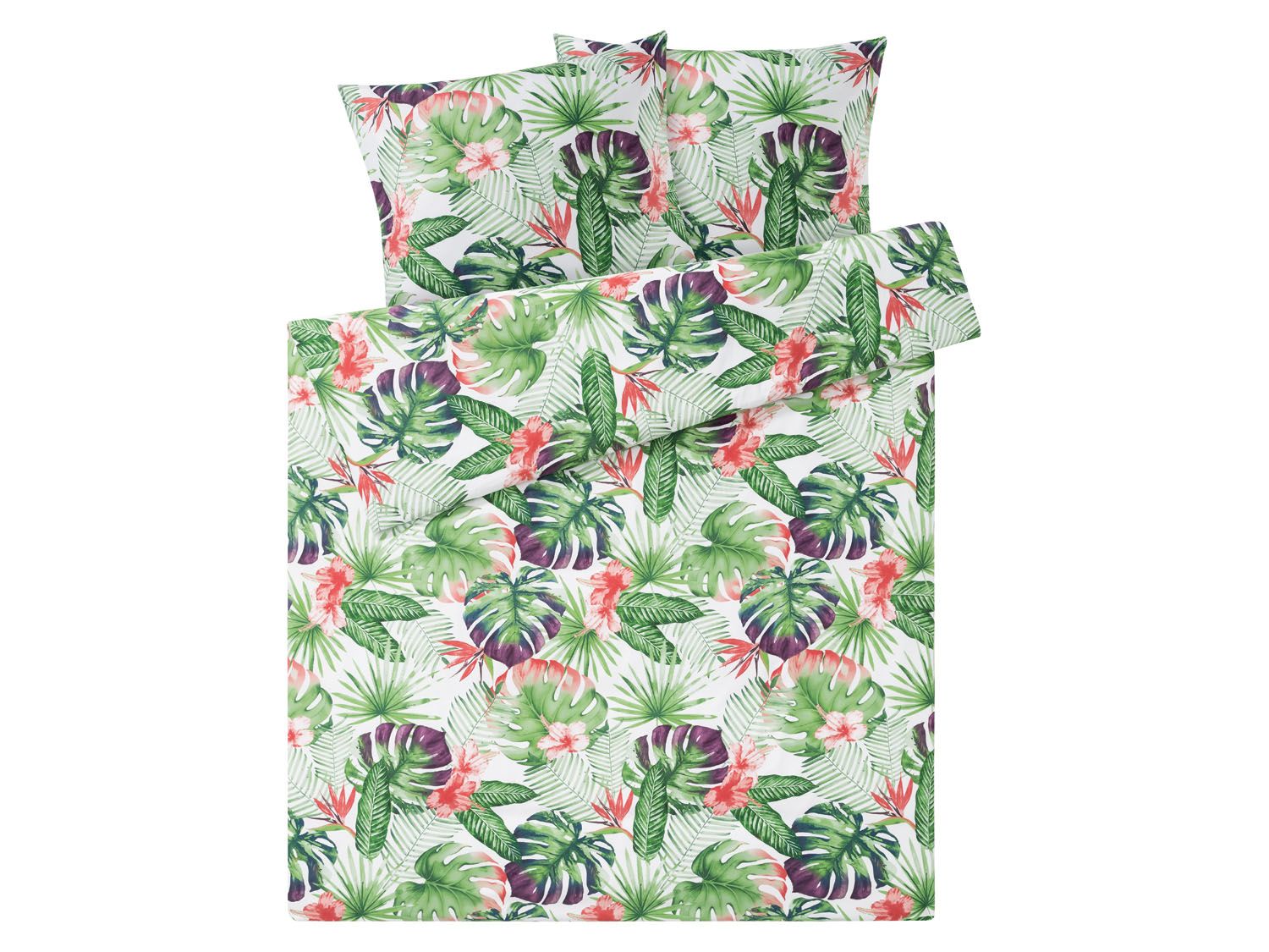 meradiso Pościel z mikrowłókna satynowego 160 x 200 cm, 1 komplet Liście/biały/zielony