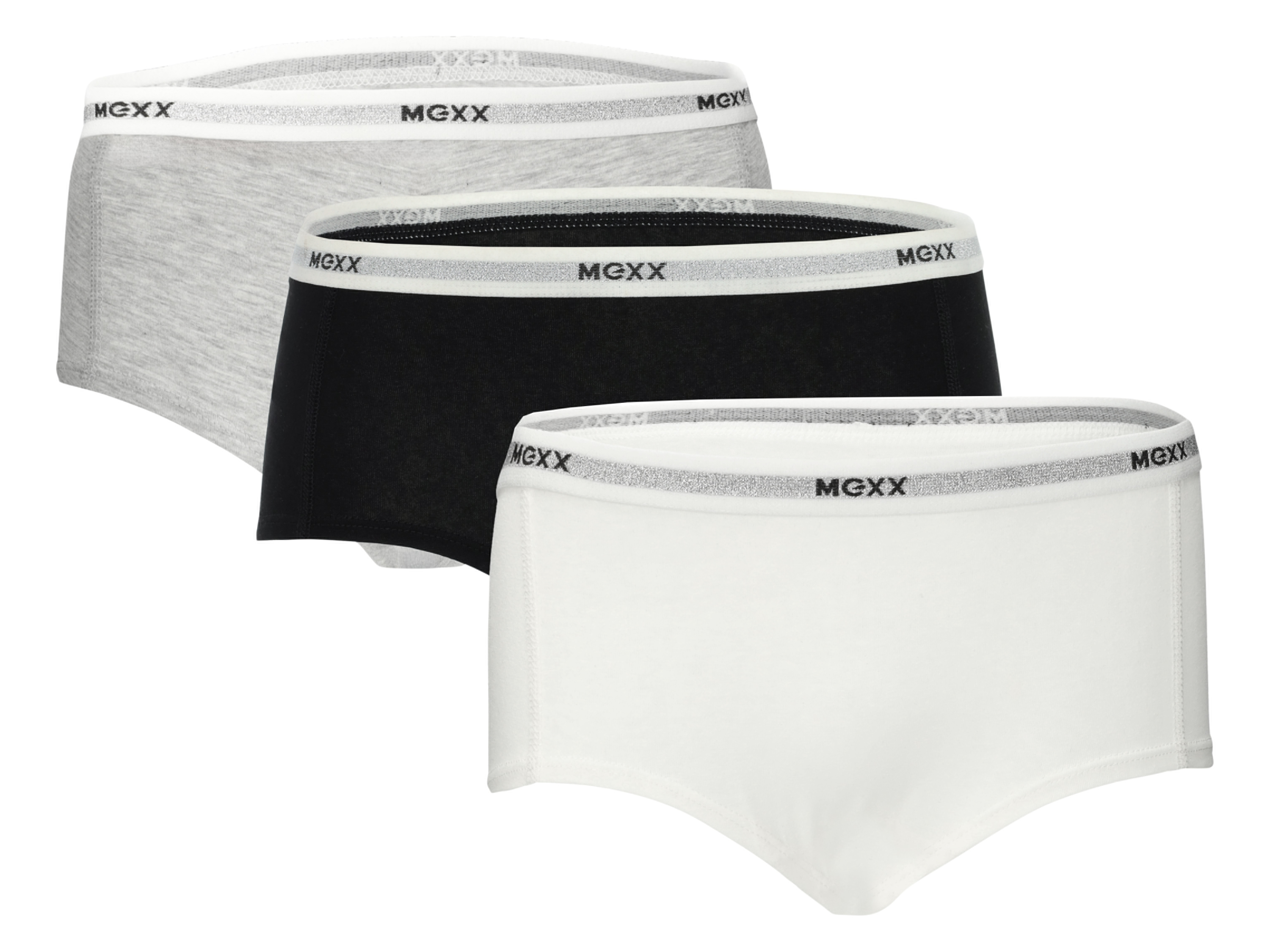 Mexx Majtki hipstery damskie z bawełną, 3 pary Czarny/biały/szary, S
