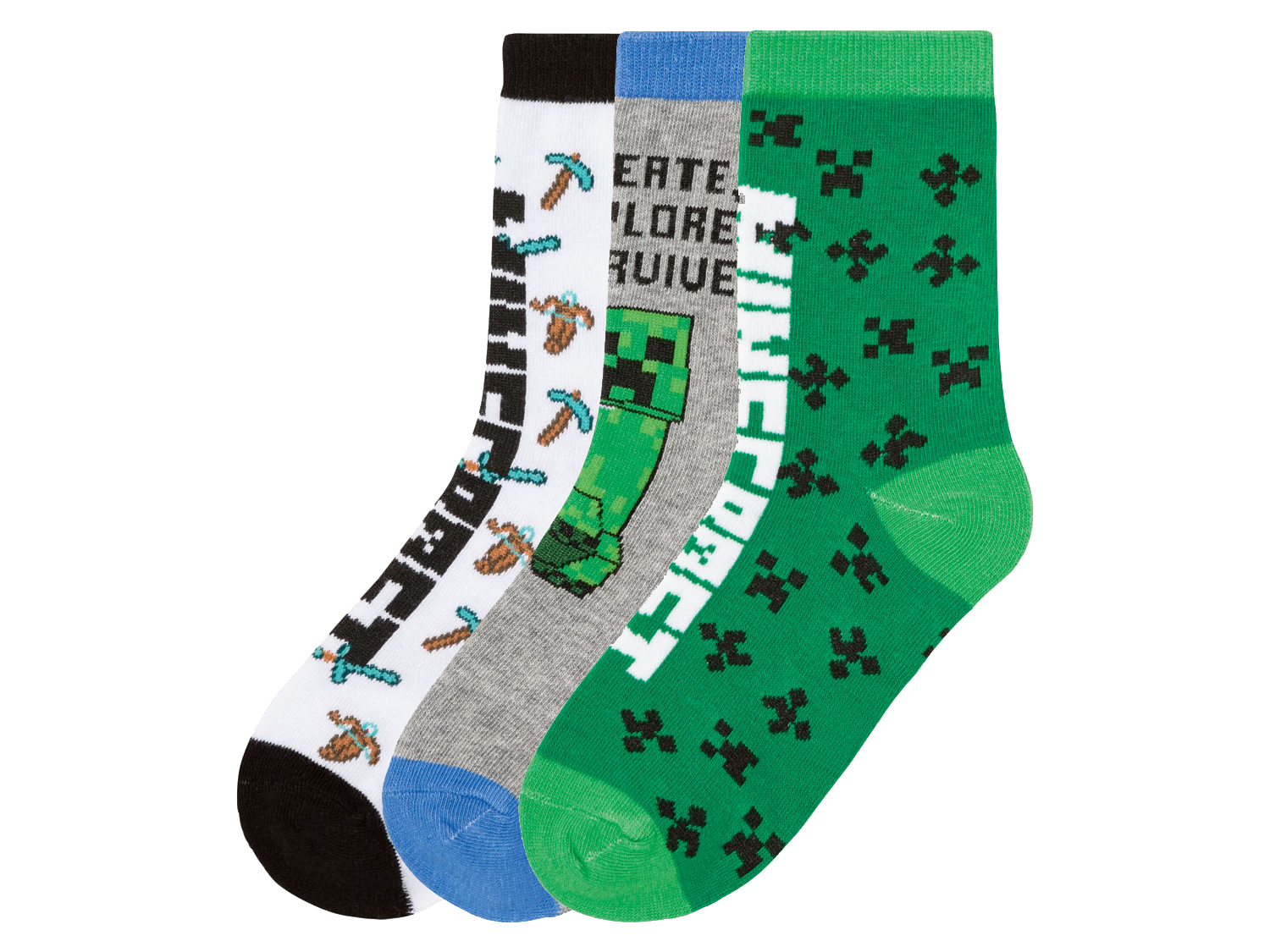 Minecraft Skarpetki dziecięce, 3 pary 23/26, Biały/ szary/ zielony