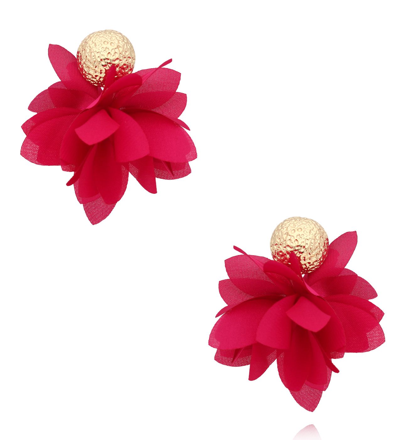 Kolczyki fuksjowe materiałowe ze złotą kulką KBL2013