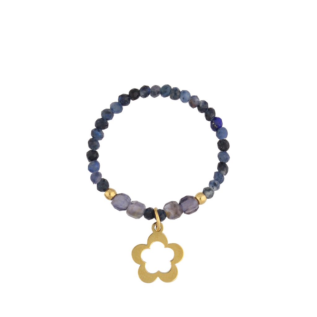 Pierścionek z sodalitami i kwiatuszkiem - By Dziubeka