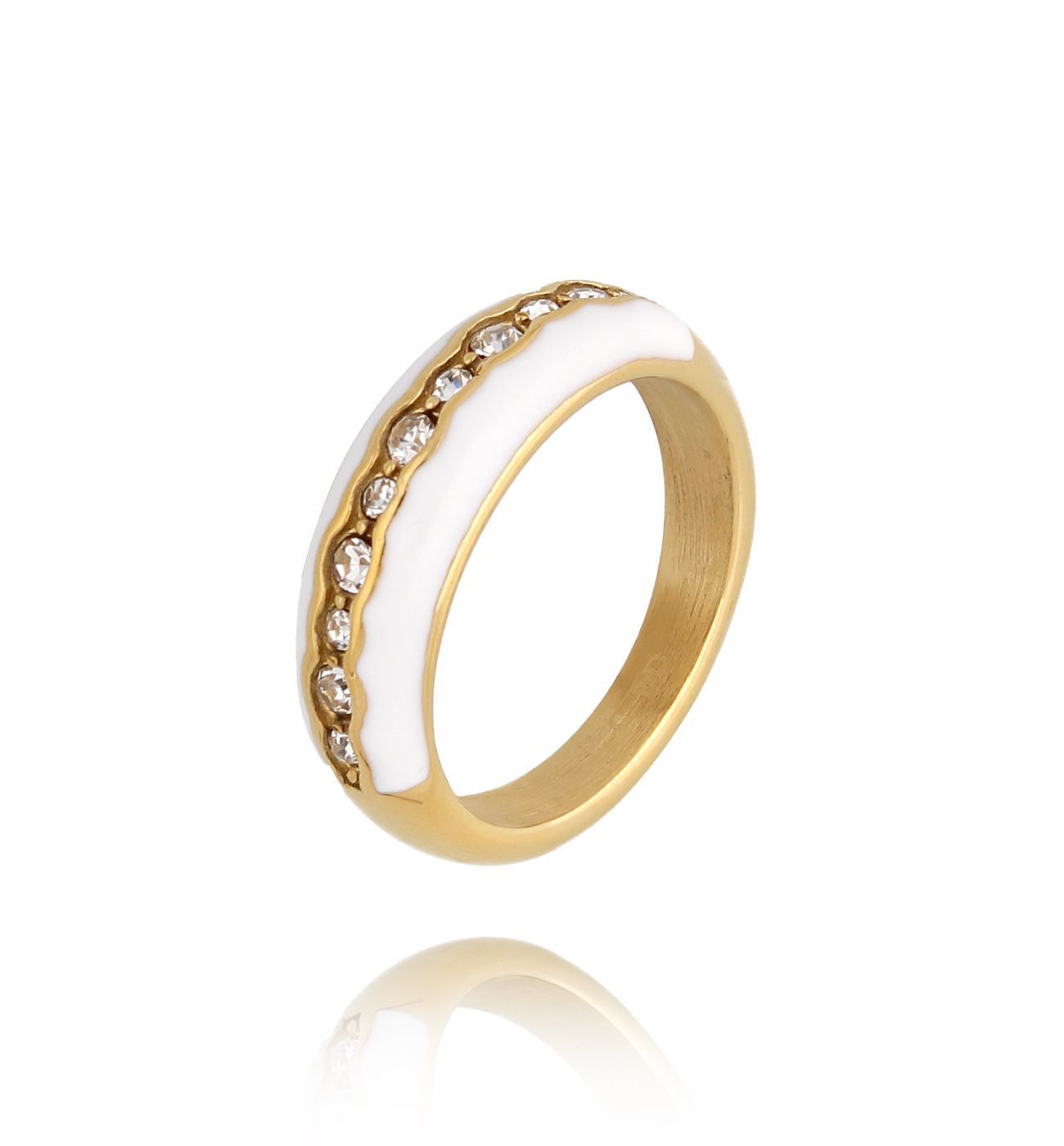 Pierścionek z cyrkoniami i białą emalią szeroki Mori PSA0640