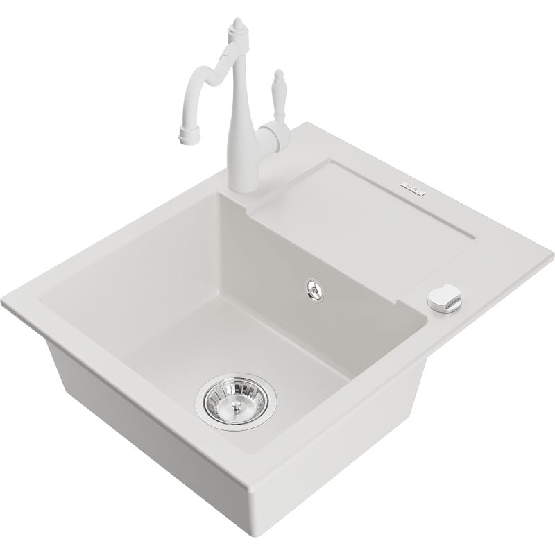 Zlewozmywak granitowy 1-komorowy Mexen Enzo z ociekaczem i baterią kuchenną Carla biały 6506-20-670700-20