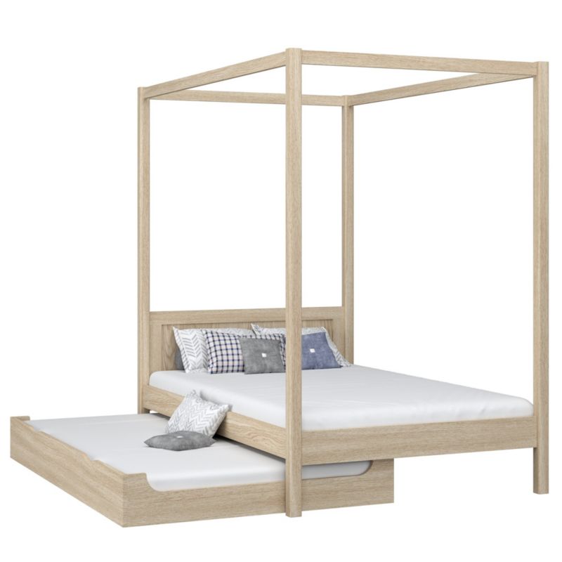 Dębowe łóżko N-WOOD pojedyncze z baldachimem i szufladą na dodatkowy materac N02 dąb bielony 120x200 1szt.