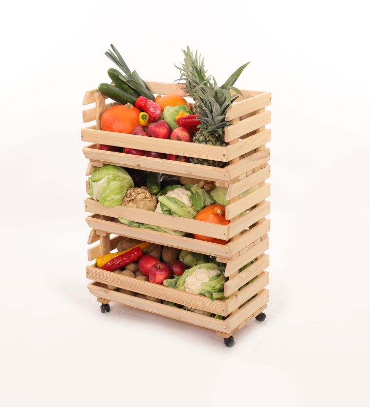 Regał na warzywa i owoce MODO24 na kółkach 81x57x30 cm 3 skrzynki drewno naturalne 1 szt