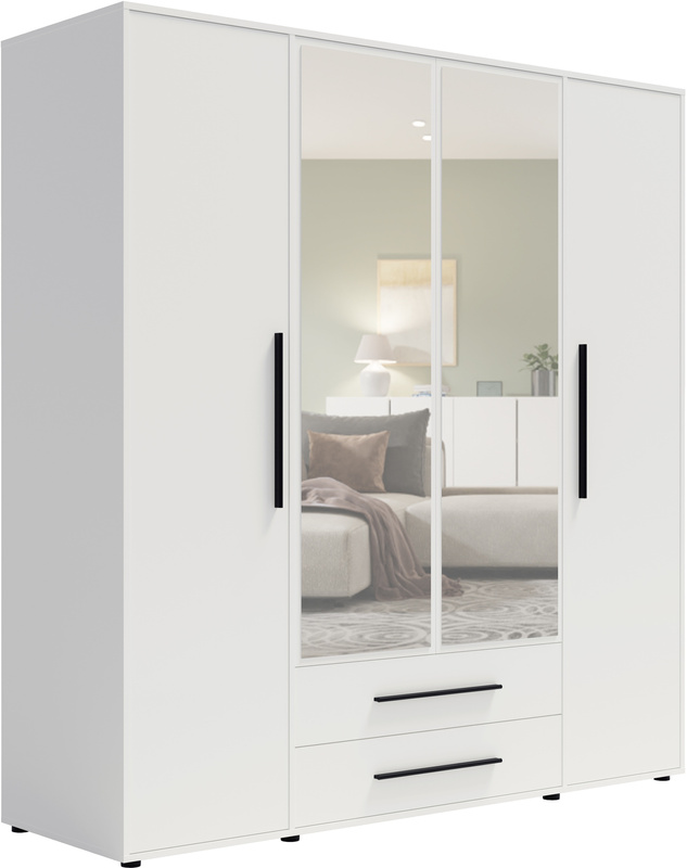 Szafa czterodrzwiowa z lustrem 200 cm do sypialni biała MAXIDO