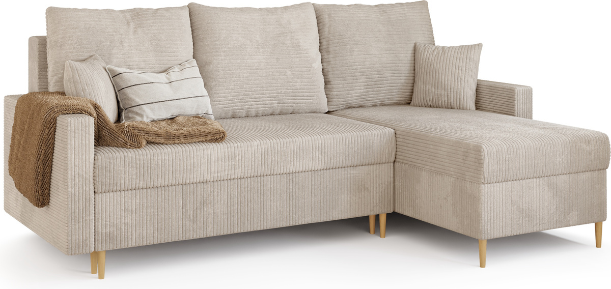 Beżowy narożnik do salonu z funkcją spania i pojemnikiem FELIO sztruks