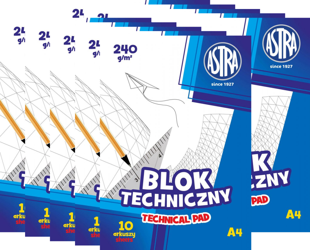 10x Blok techniczny Astra, A4, 240g, 10 kartek, biały
