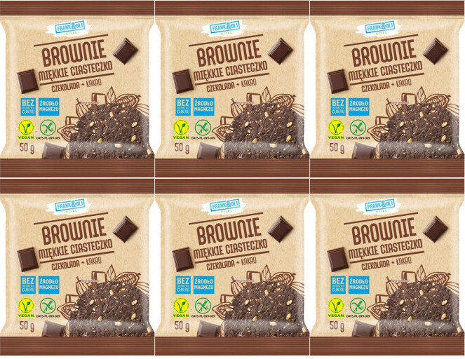 6x Miękkie ciasteczko Frank&Oli, brownie, bez cukru, 50g