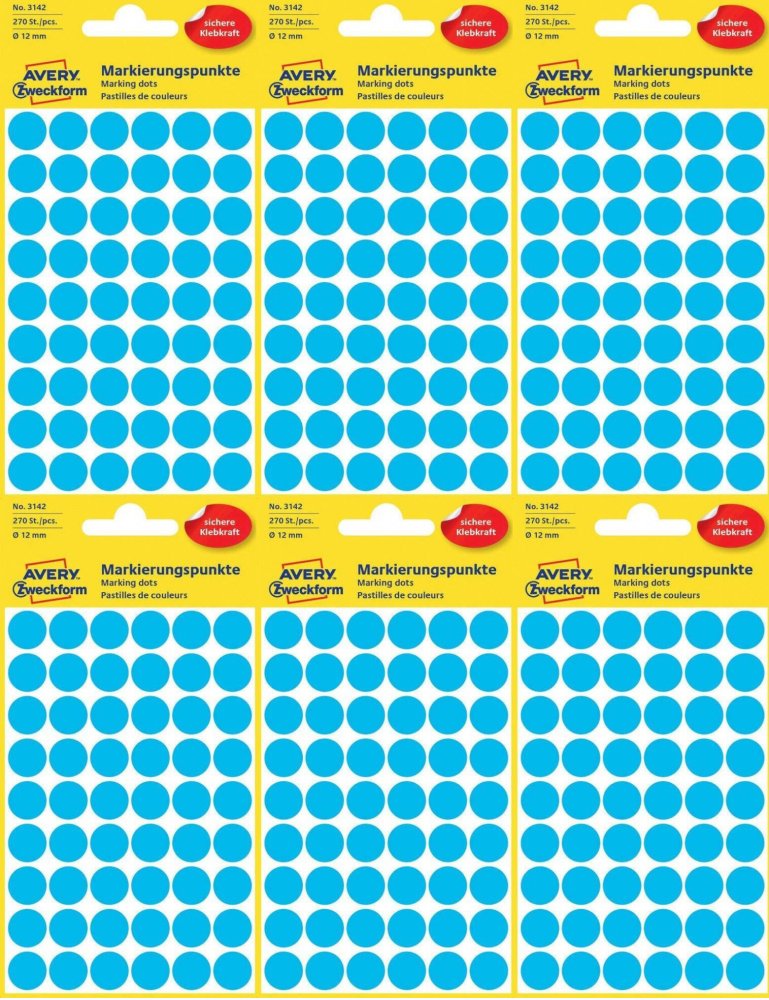 6x Etykiety Avery Zweckform, okrągłe, średnica 12mm, 270 sztuk, niebieski