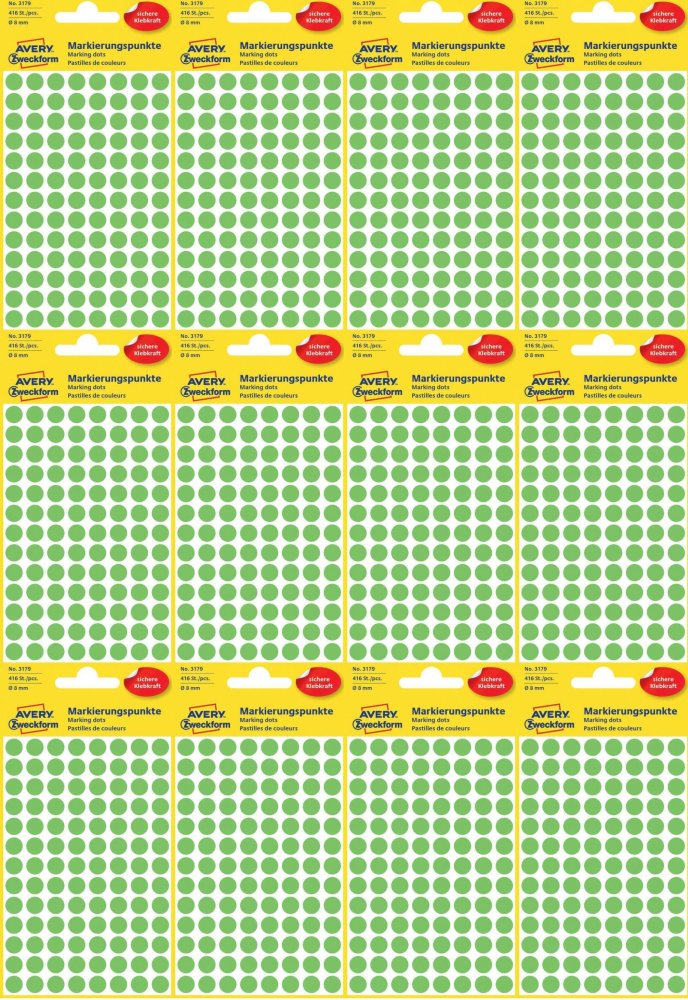 12x Etykiety oznaczeniowe Avery Zweckform, okrągłe, średnica 8mm, 416 sztuk, zielony odblaskowy