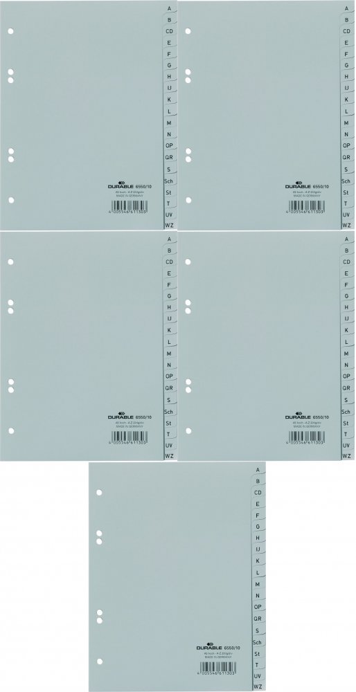 5x Przekładki do segregatora Donau, plastikowe, alfabetyczne (A-Z), A5, 20 kart, szary