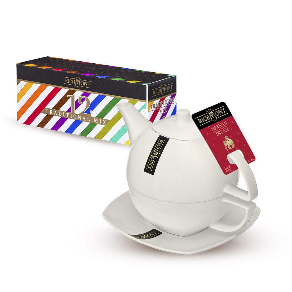 Zestaw do parzenia herbaty Richmont Duo, dzbanek porcelanowy z filiżanką i spodkiem 450ml +zestaw herbat Richmont Traditional w torebkach 12 sztuk