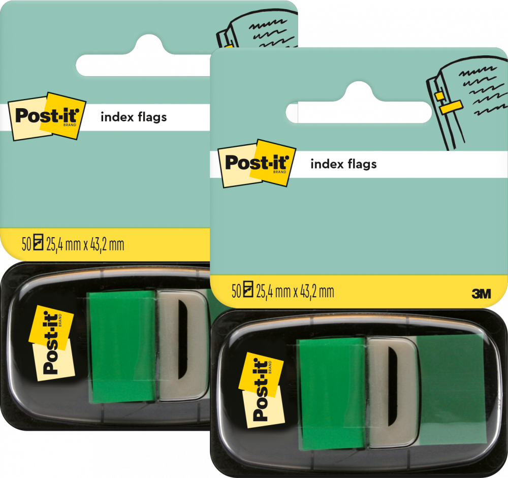 2x Zakładki samoprzylepne Post-it proste, indeksujące, folia, półtransparentne, 25x43mm, 1x50 sztuk, zielony